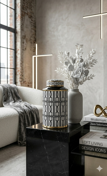 Zara White & Black Vase with Lid