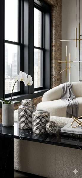 Cleo Black & White Vase with Lid