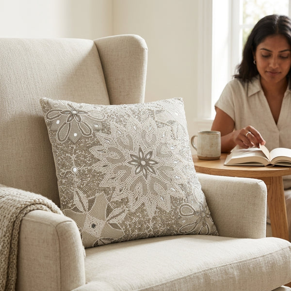 Flake Throw Pillow, White (16"x16"x4")