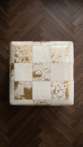 Gold Foil Hide Pouf Flynn, Ivory (18"x18"x18")