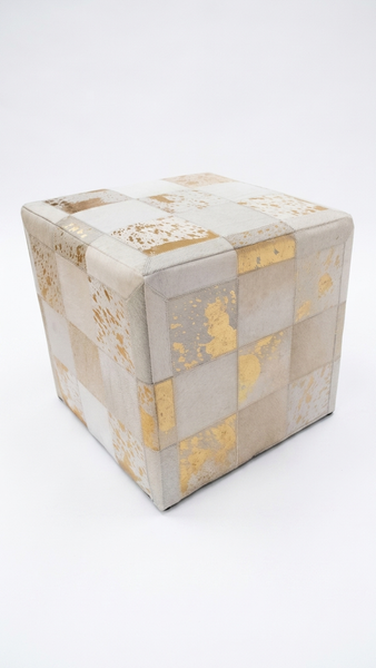 Gold Foil Hide Pouf Flynn, Ivory (18"x18"x18")