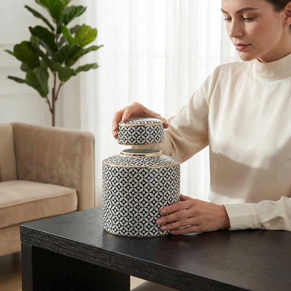Cleo Black & White Vase with Lid