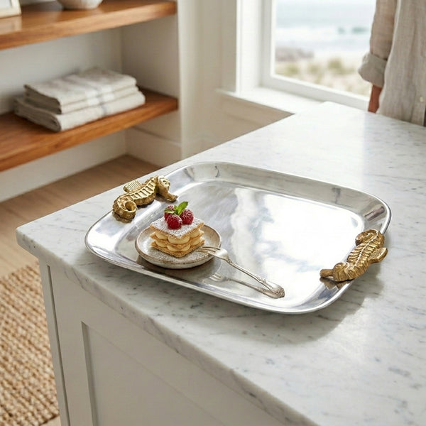 Josephine Gilded Seahorse Tray , Silver (12"x13"x1")