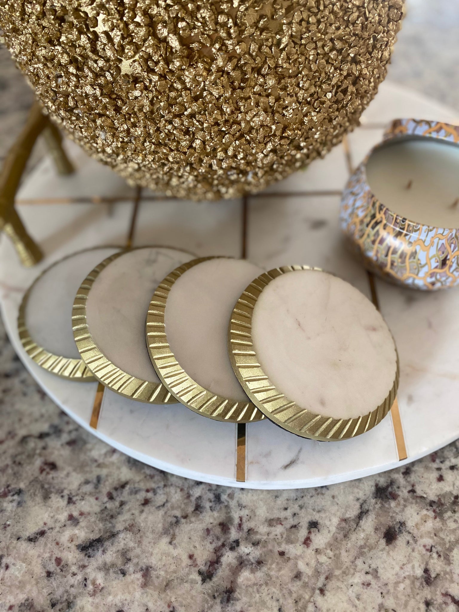 Quinn gold edge detailed 4" marble coaster (Set of 4)