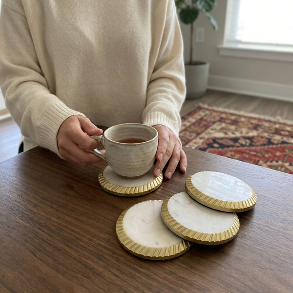 Quinn gold edge detailed 4" marble coaster (Set of 4)