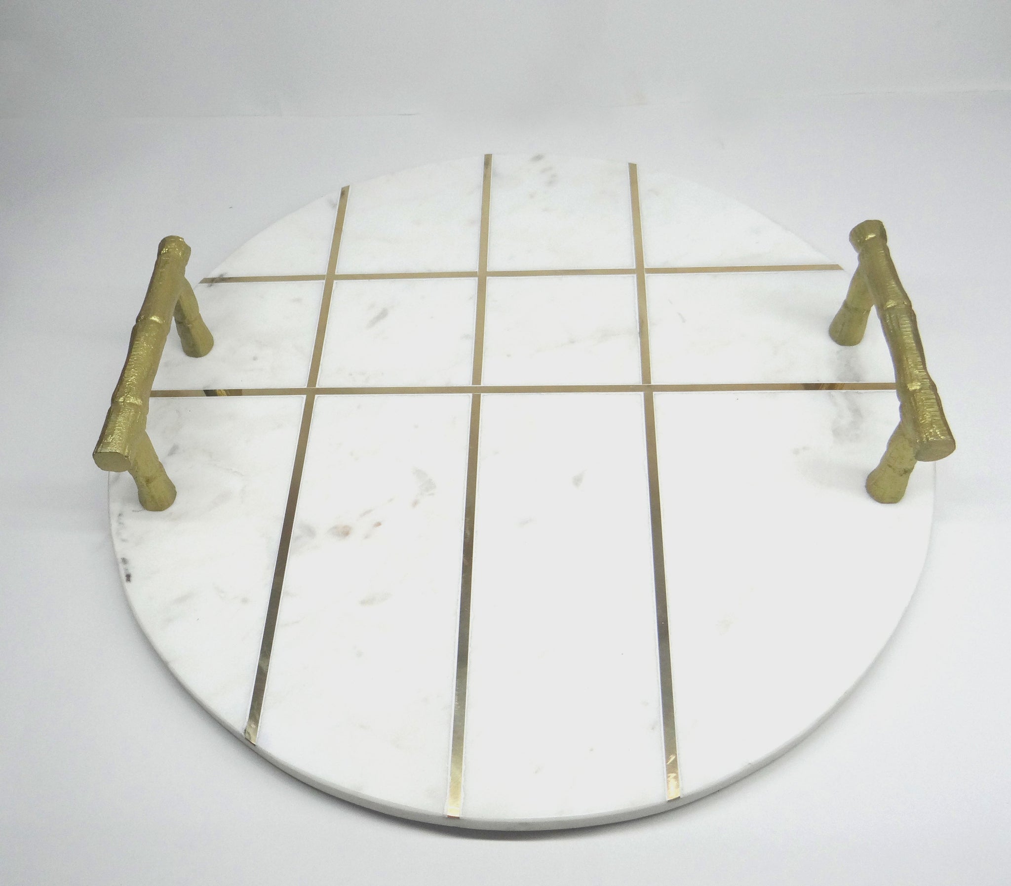 Zoe Round Marble White Tray with Gold Handles and Inlay Strips (16"x16"x2.5")