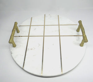 Zoe Round Marble White Tray with Gold Handles and Inlay Strips (16"x16"x2.5")