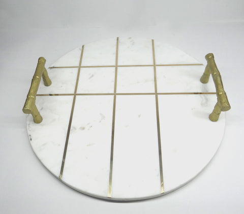 Zoe Round Marble White Tray with Gold Handles and Inlay Strips (16"x16"x2.5")