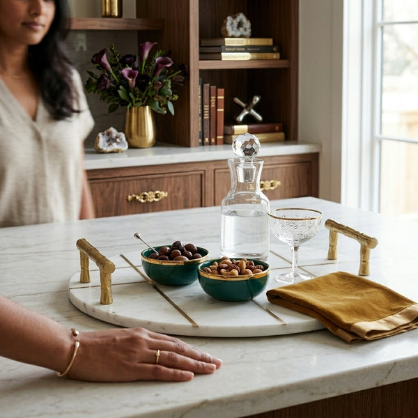 Zoe Round Marble White Tray with Gold Handles and Inlay Strips (16"x16"x2.5")