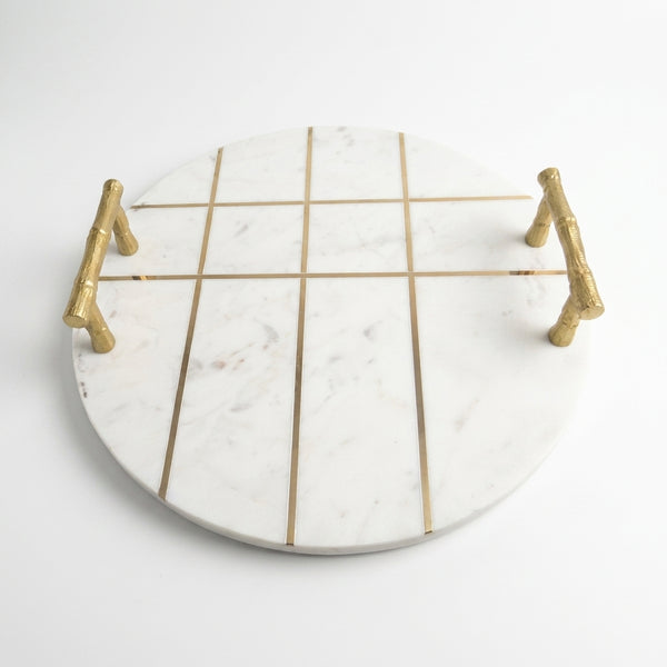 Zoe Round Marble White Tray with Gold Handles and Inlay Strips (16"x16"x2.5")