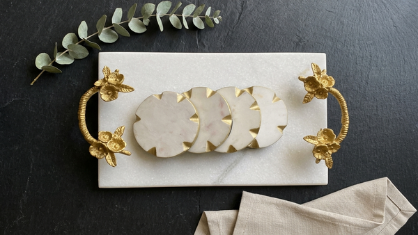Claire Gold Floral Handle Rectangle White Marble Tray (15"x9"x2.5")