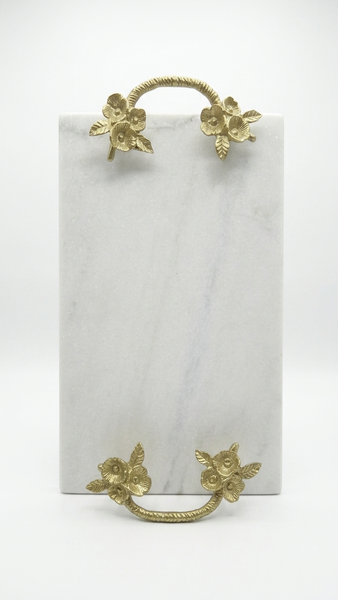 Claire Gold Floral Handle Rectangle White Marble Tray (15"x9"x2.5")
