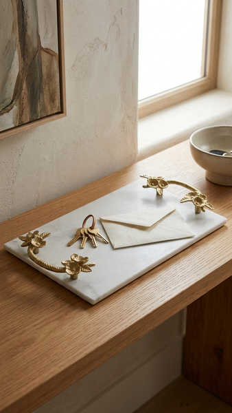 Claire Gold Floral Handle Rectangle White Marble Tray (15"x9"x2.5")