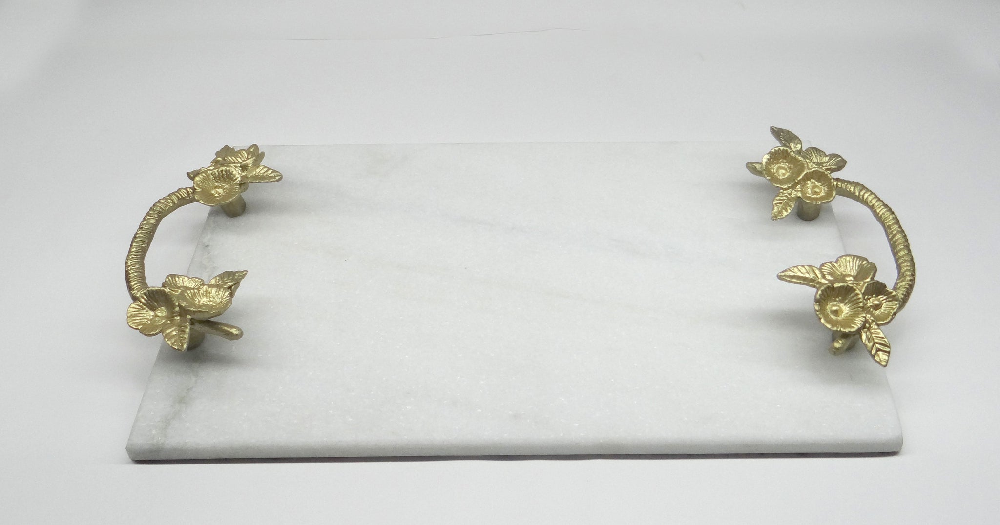Claire Gold Floral Handle Rectangle White Marble Tray (15"x9"x2.5")