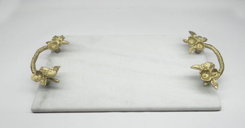 Claire Gold Floral Handle Rectangle White Marble Tray (15"x9"x2.5")