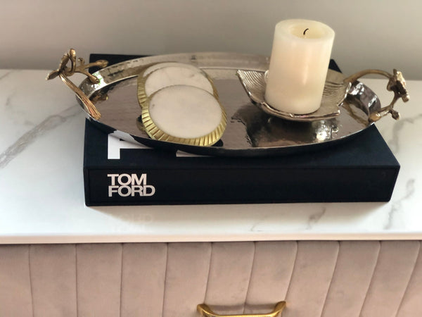 Carly Silver Aluminum tray with Brass floral handle detail 18"X10"X16"