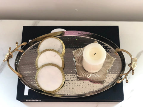 Carly Silver Aluminum tray with Brass floral handle detail 18"X10"X16"