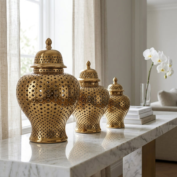 Ella Gold Handmade Ceramic Ginger Jar with Removable Lid