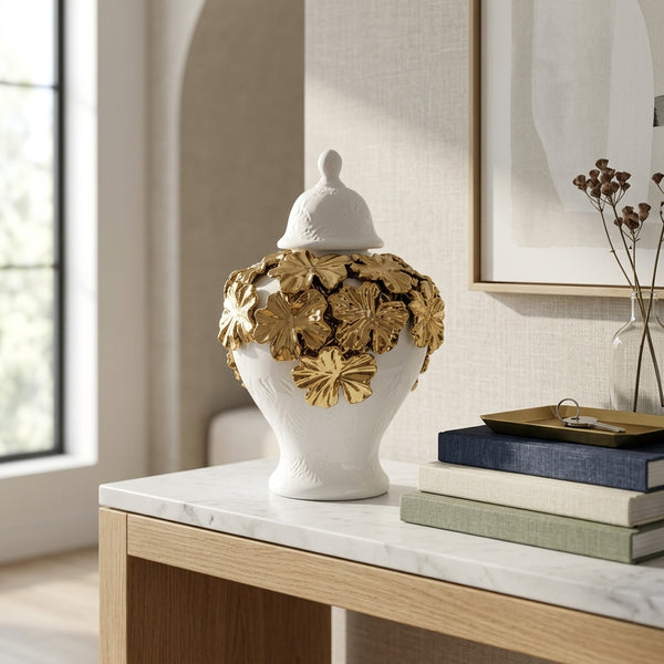Rosa White/Gold Floral Cluster Ginger Jar (Multiple sizes)