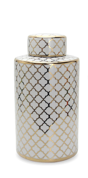 Luna White & Gold Trellis Jar with Lid