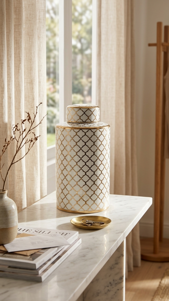 Luna White & Gold Trellis Jar with Lid