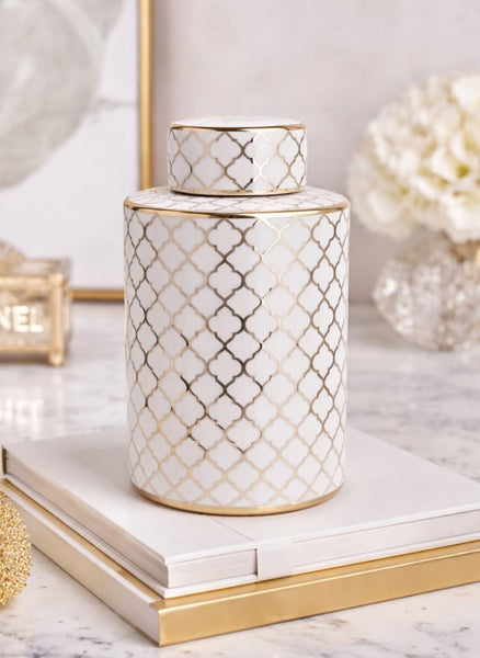 Luna White & Gold Trellis Jar with Lid