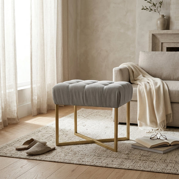 Modern Dua Rectangle Velvet Tufted Stool, Grey (12"x20"x19.25")