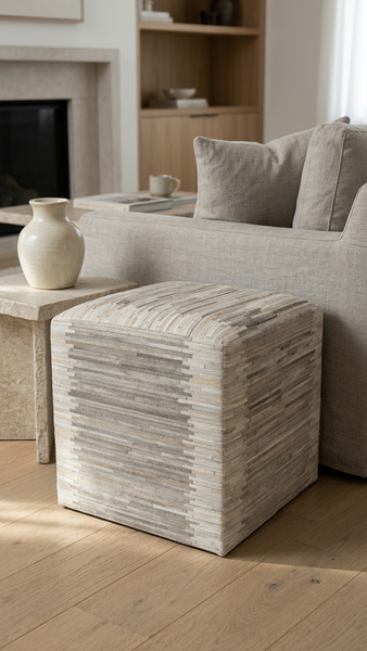 Striped Hide Pouf Maxwell, Ivory/Beige/Grey (18"x18"x18")