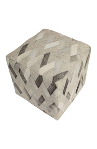 Geometric Leather & Wool Pouf Owen, Grey (18"x18"x18")