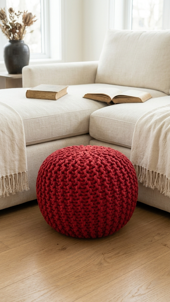 Miya knitted Pouf, Red (20"x20"x14")
