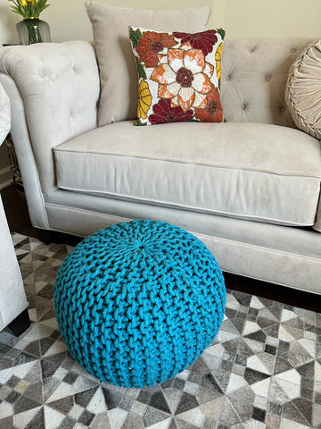 Miya knitted Pouf, Turquoise (16"x16"x14")