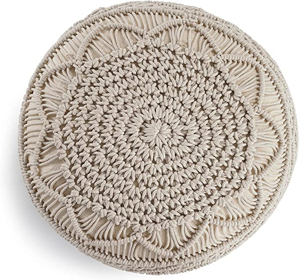 Sadie Macrame Pouf, Beige (20"x20"x14")