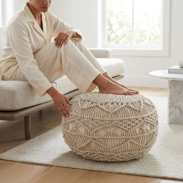 Sadie Macrame Pouf, Beige (20"x20"x14")