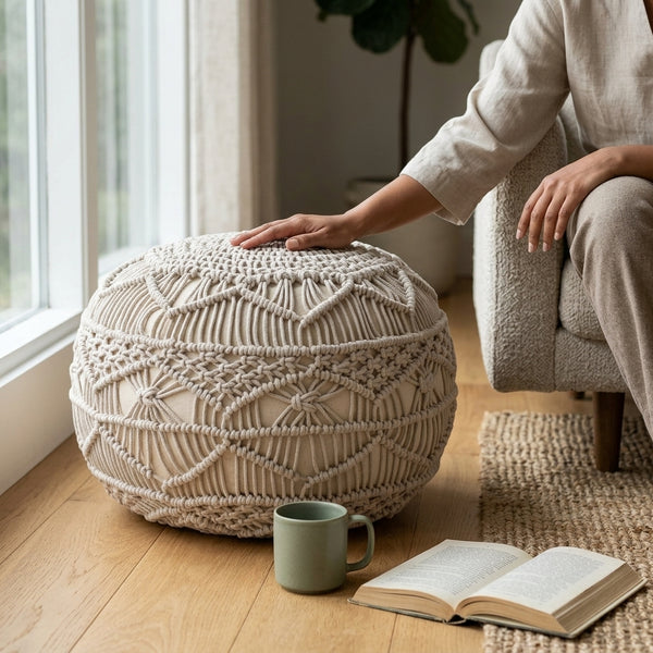 Sadie Macrame Pouf, Beige (20"x20"x14")
