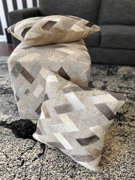 Geometric Leather & Wool Pouf Owen, Grey (18"x18"x18")