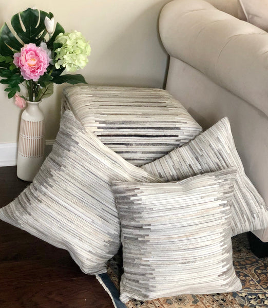 Striped Hide Pouf Maxwell, Beige (18"x18"x18")