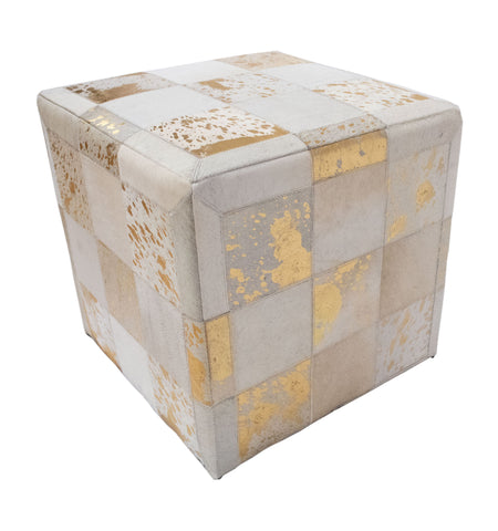 Gold Foil Hide Pouf Flynn, Ivory (18"x18"x18")