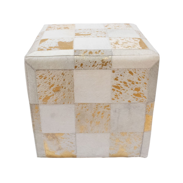 Gold Foil Hide Pouf Flynn, Ivory (18"x18"x18")