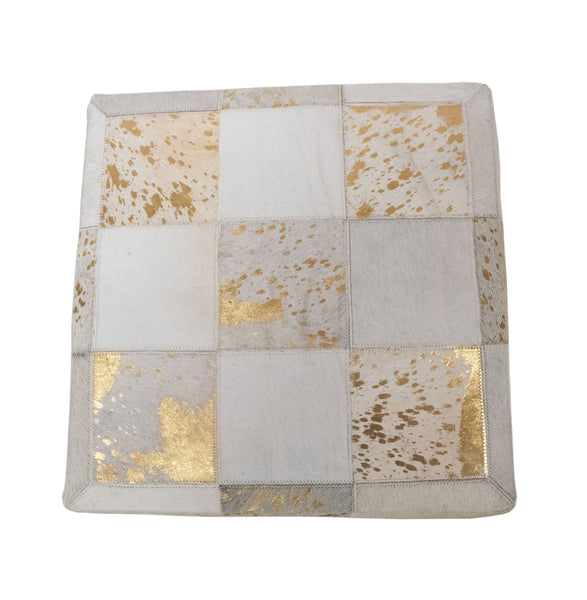 Gold Foil Hide Pouf Flynn, Ivory (18"x18"x18")