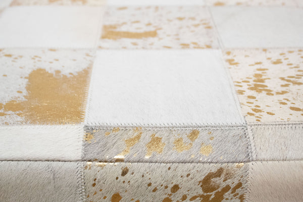 Gold Foil Hide Pouf Flynn, Ivory (18"x18"x18")