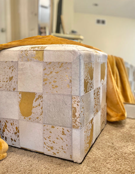 Gold Foil Hide Pouf Flynn, Ivory (18"x18"x18")