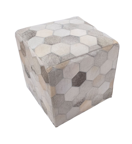 Geometric Hide Pouf Eli, Ivory (18"x18"x18")
