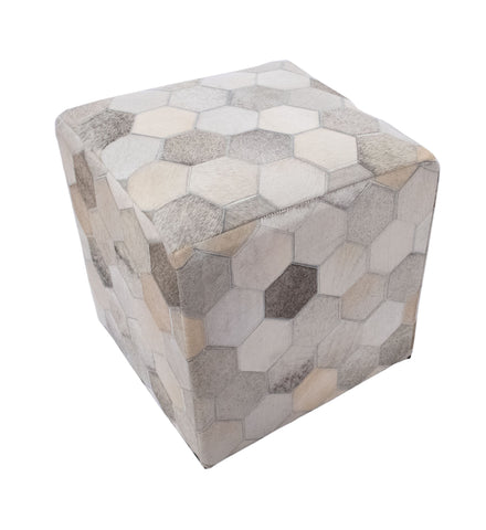 Geometric Hide Pouf Eli, Ivory (18"x18"x18")