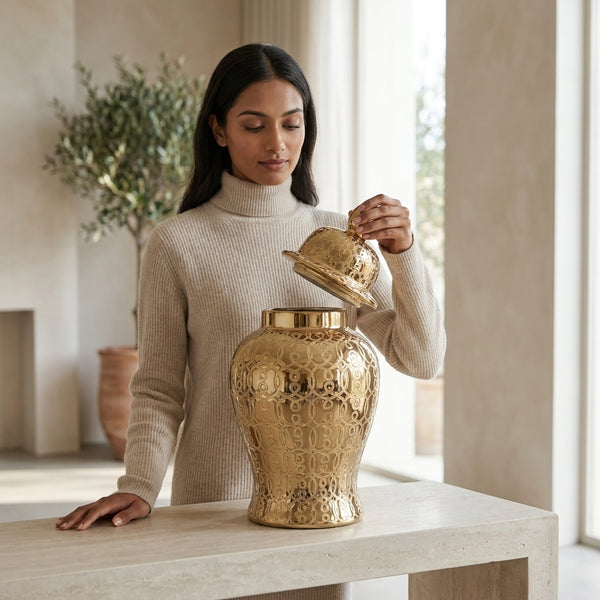 Hudson Gold Ceramic Scroll Ginger Jar (Multiple sizes)