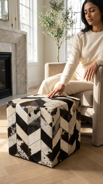 Geometric Hide Pouf Levi, Black (18"x18"x18")