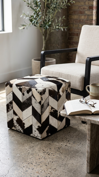 Geometric Hide Pouf Levi, Black (18"x18"x18")