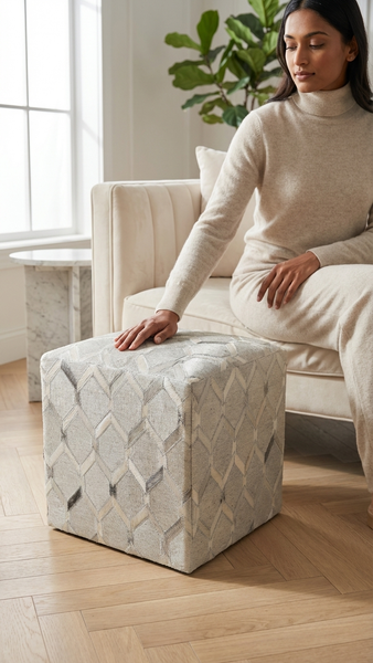Beverly Geometric Hide Pouf, Ivory (18"x18"x18")