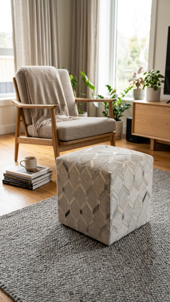 Beverly Geometric Hide Pouf, Ivory (18"x18"x18")