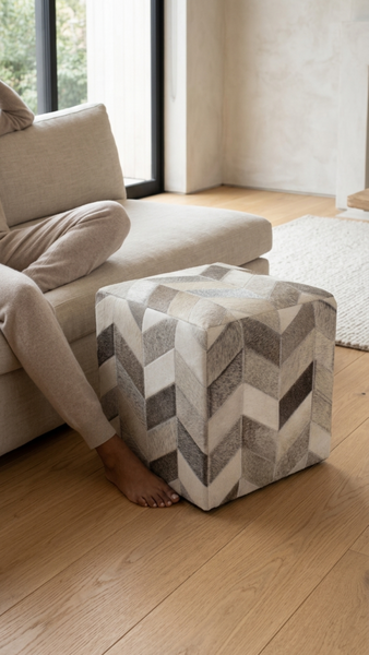 Geometric Hide Pouf Ashton, Grey (18"x18"x18")