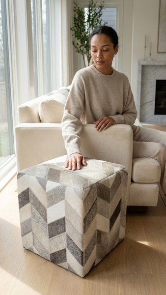 Geometric Hide Pouf Ashton, Grey (18"x18"x18")